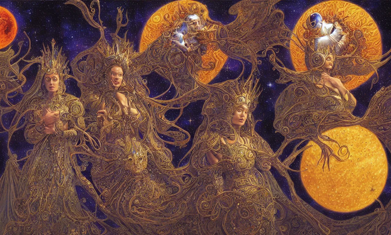 Image similar to sun king and moon queen in the cosmic court of mystical astronomy, art by james c. christensen and donato giancola