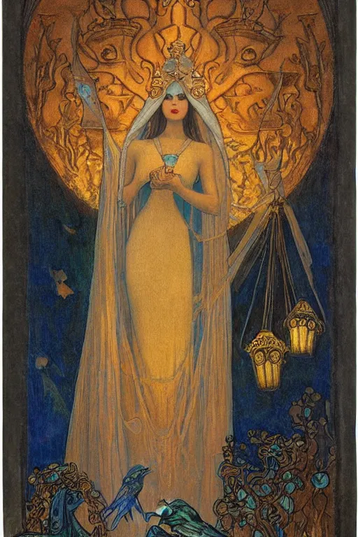 Prompt: queen of night with her lantern and birds, by Nicholas Roerich and Annie Swynnerton and jean delville and Gaston Bussière, black leather and embroidered velvet, iridescent beetles, rich color, dramatic cinematic lighting, extremely detailed