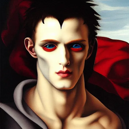 Prompt: attractive twenty first century male vampire beautiful eyes. highly detailed painting by michelangelo 8 k