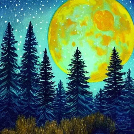 Prompt: the stars are melting, along the golden shores, there are pines and over the spruce, the moon was reflected in a glass. Beautiful painting. Excellent quality.