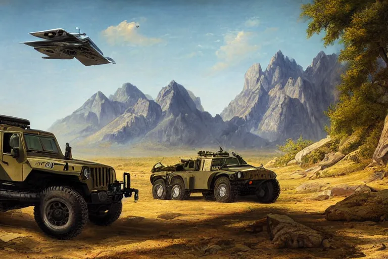 Prompt: a well designed military vehicle designed by boeing and lamborghini and jeep, military design, mountains in the distance, day, blue sky, spring season, painting by asher brown durand and star wars movie, ultra mega detailed, beautiful realistic photo, professional photography, perfect