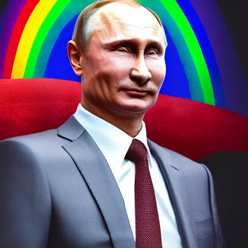 Image similar to Vladimir Putin wearing rainbow suit, Gay pride, rainbow flags, Professional Photography, Photorealistic