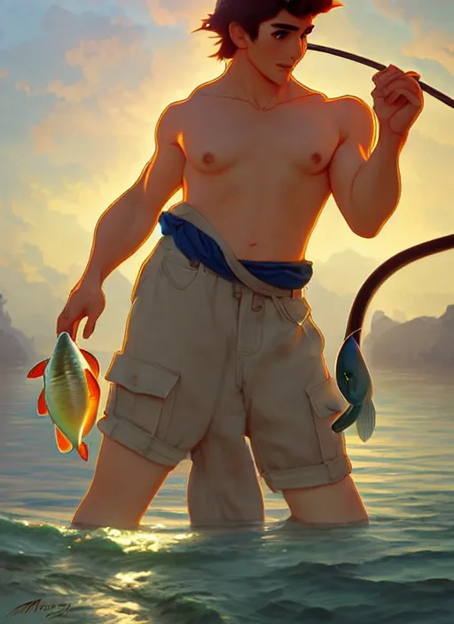 Image similar to cute fisherman chris mears, natural lighting, path traced, highly detailed, high quality, digital painting, by don bluth and ross tran and studio ghibli and alphonse mucha, artgerm
