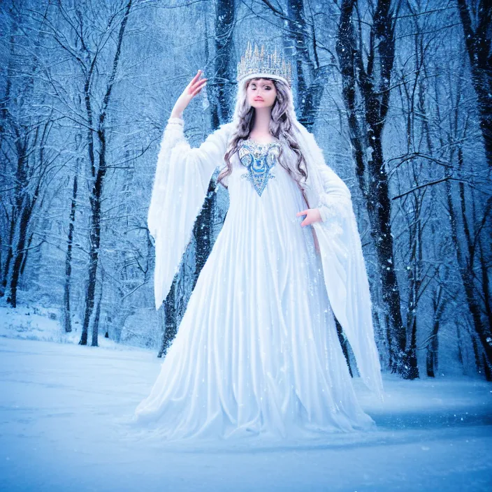 Image similar to photograph of a real-life beautiful ice queen with ornate white cloak and crown in an ethereal snowy landscape. Extremely detailed. 8k