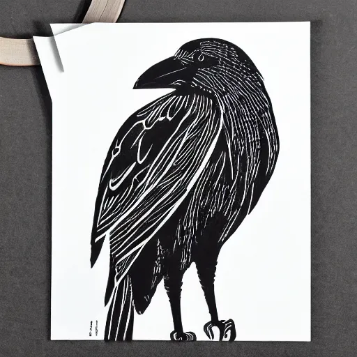 Image similar to crow, smooth clean block print, 4k, black ink on white paper