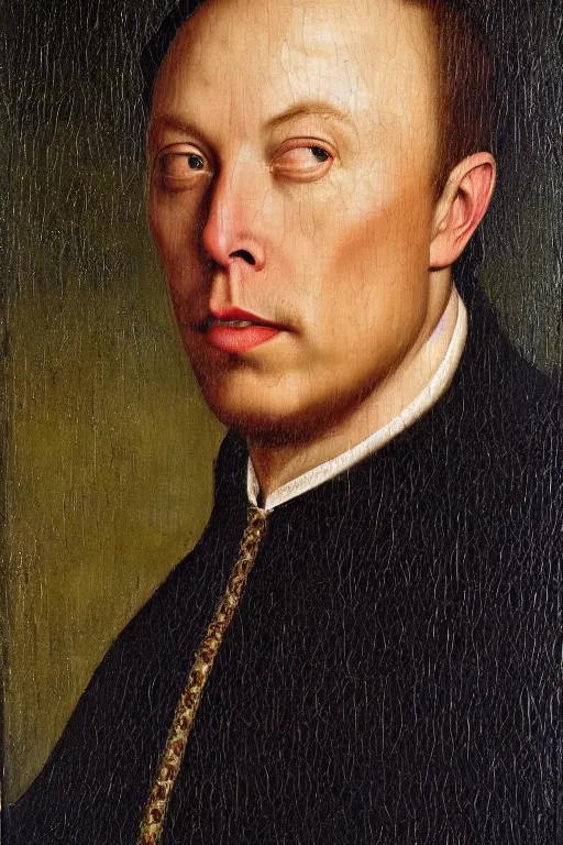 Image similar to portrait of elon musk, oil painting by jan van eyck, northern renaissance art, oil on canvas, wet - on - wet technique, realistic, expressive emotions, intricate textures, illusionistic detail