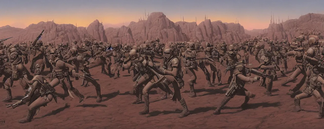 Prompt: a highly detailed matte painting of fighting soldiers by Ralph McQuarrie, The Art of Star Wars