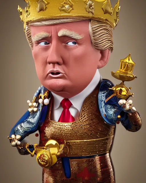 Prompt: highly detailed closeup, face profile portrait of a tin toy donald trump as a fairytale king hemry the eighth wearing a crown and eating cakes, depth of field, nicoletta ceccoli, mark ryden, lostfish, max fleischer, breathtaking, detailed and intricate environment, 8 k resolution, hyperrealistic, octane render