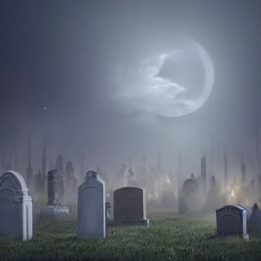 Prompt: dark fantasy, beetlejuice flying out of grave in cemetery, foggy moonlit night, cinematic, true color, textured 3 d, intense detail, hyperealism, 4 k