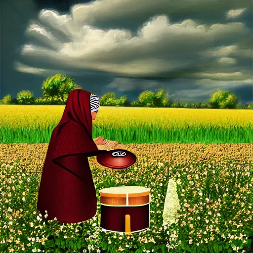 Image similar to a babushka playing drums in a field full of herbs, digital art