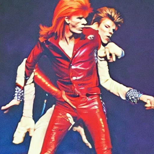 Prompt: david bowie giving a piggy back ride to ziggy stardust. glam rock. cosmic. darwin cooke