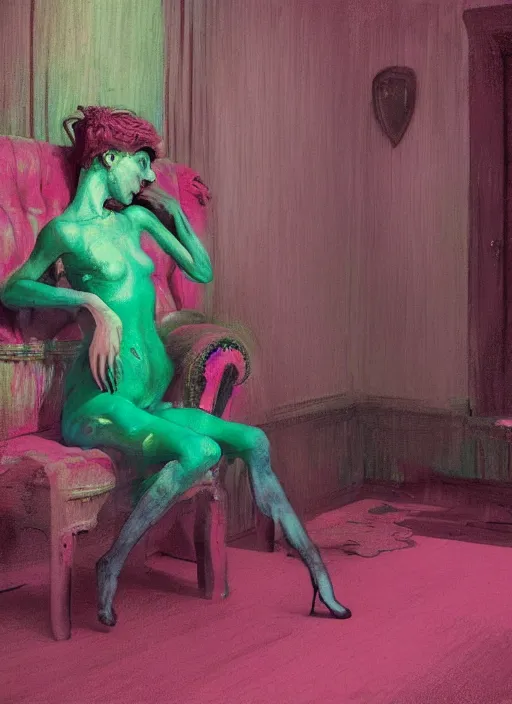 Prompt: eventually even those who avoided the world were drawn into its madness. gothic, rich deep pink, blue and green colours, creepy, mystical, highly detailed and intricate, by francis bacon, edward hopper, adrian ghenie, glenn brown, soft light 4 k, pink and green colour palette, cinematic composition, cinematic lighting, high quality octane render