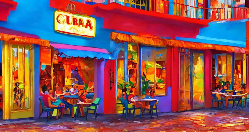 Prompt: beautiful painting of a colorful cuban restaurant storefront,, animation, digital art, trending in artstation, cinematic lighting, art style by disney and pixar