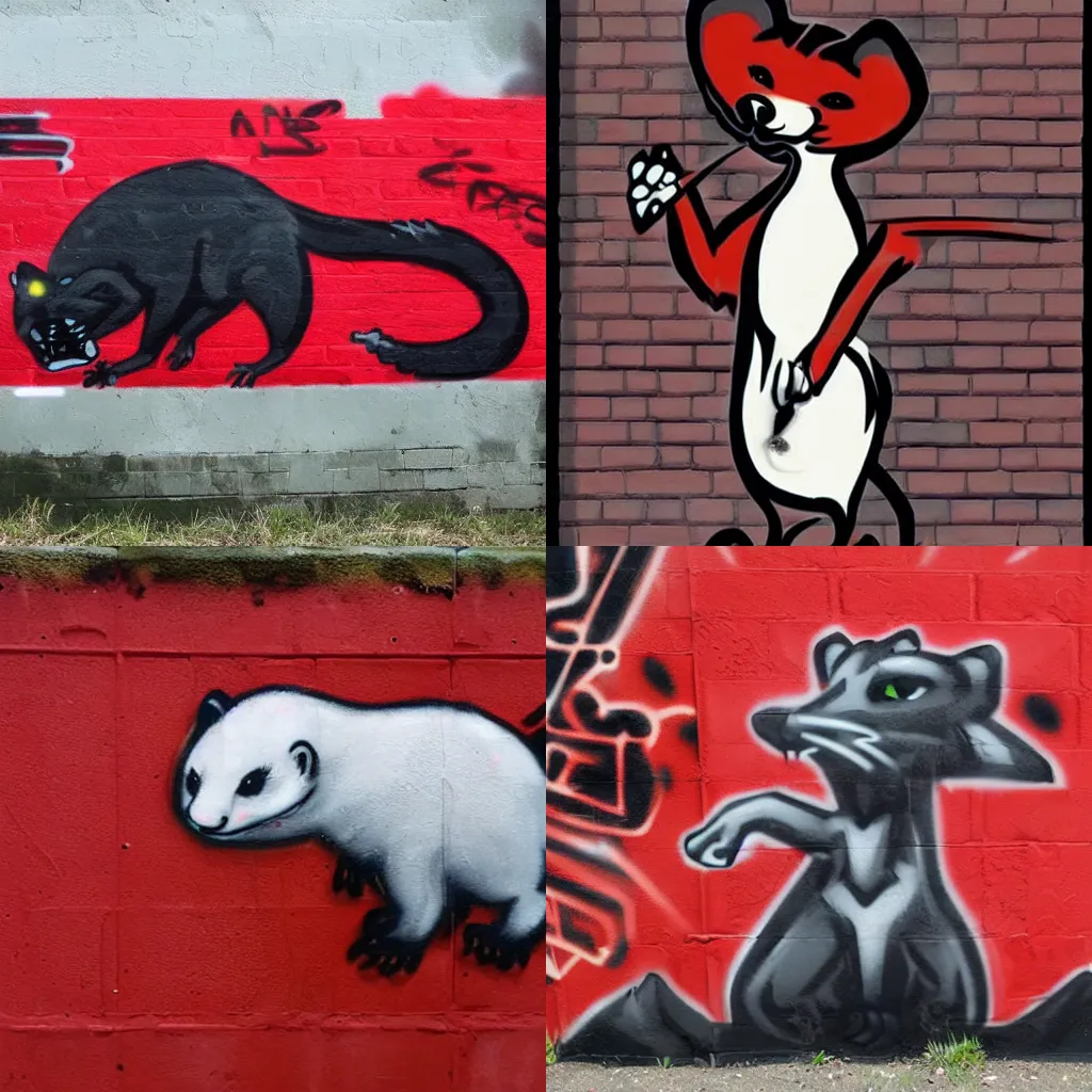 Prompt: ( ( ( red + black + ( furry fandom * fursona ) ) / ( weasel * ferret * stoat ) ) + ( smoke / backing ) ) = ( wall + graffiti )