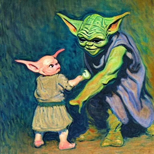 Prompt: baby yoda dancing with the Mandalorian, by claude monet, ultra detail