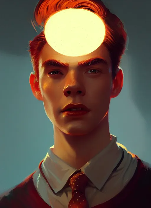 Prompt: portrait of archie andrews, freckles, intricate, elegant, glowing lights, highly detailed, digital painting, artstation, concept art, smooth, sharp focus, illustration, art by wlop, mars ravelo and greg rutkowski