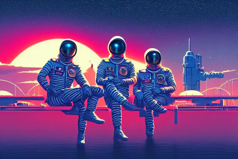 Prompt: cosmonauts sitting by the river big holiday box retro futuristic poster cybernetic pattern nano enhancements, gradient space graphics in background, close up, quint buchholz, wlop, dan mumford, artgerm, liam brazier, peter mohrbacher, james jean, raw, artstation, octane render, cinematic, intricate, 8 k