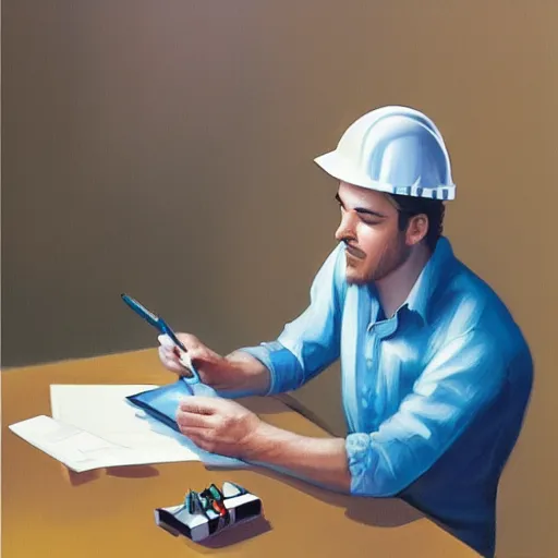 Prompt: a worker wearing a hardhat writing in a notepad with a calculator, by rhads, 3 d