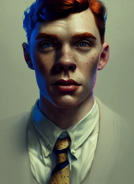 Image similar to portrait of archie andrews, freckles, curly peaky blinders hair, intricate, elegant, glowing lights, highly detailed, digital painting, artstation, concept art, smooth, sharp focus, illustration, art by wlop, mars ravelo and greg rutkowski