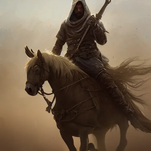 Image similar to epic portrait an hooded man riding a horse in a middle of an battlefield, explosions, dust, dirt, digital painting, artstation, concept art, soft light, hdri, smooth, sharp focus, illustration, fantasy, intricate, elegant, highly detailed, D&D, matte painting, in the style of Greg Rutkowski and Alphonse Mucha and artemisia, 8k, highly detailed, jurgens, rutkowski, bouguereau, pastoral, rustic, georgic, detailed concept art, illustration, colorful pastel, painting, detail, ultra detailed, digital art, 4K,