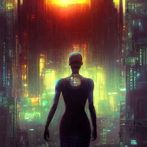 Image similar to neuromancer, closeup portrait of a young beautiful cyberpunk woman, eye implants, sunset, cyberpunk city background, megacity, gorgeous view, depth, painted by seb mckinnon, high detail, digital art, painted by greg rutkowski, trending on artstation