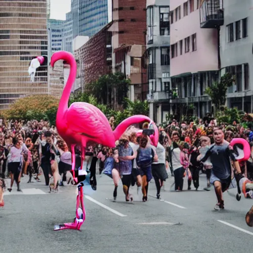 Image similar to photo of a giant flamingo attacking a city with crowd running away