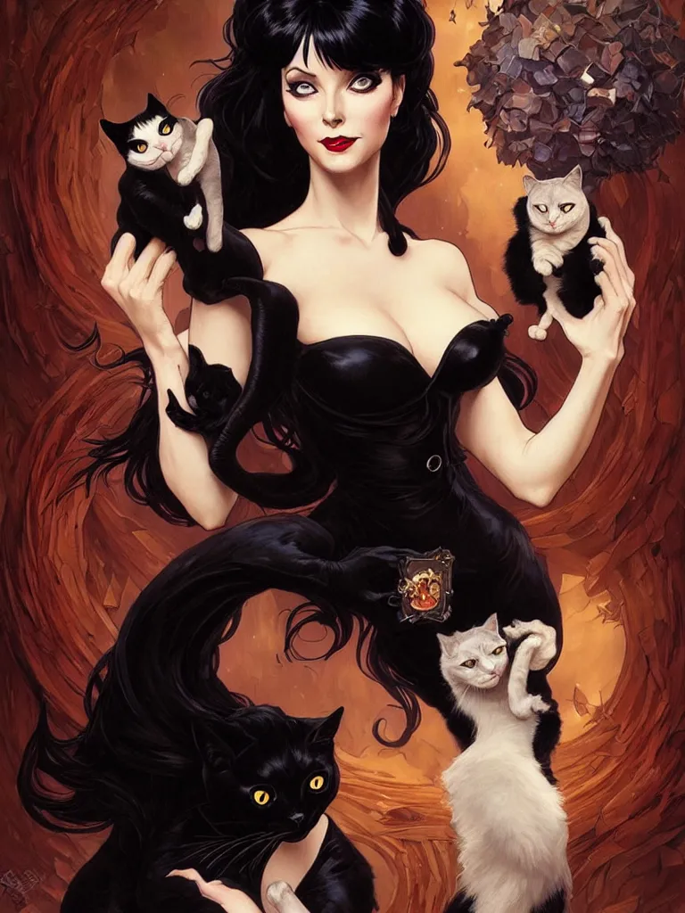 Image similar to an elegant Elvira Mistress of the Dark holding a black cat on her arms, portrait, intricate, elegant, highly detailed, digital painting, artstation, concept art, rough, sharp focus, illustration, art by artgerm and greg rutkowski and alphonse mucha and cris ortega and serge birault