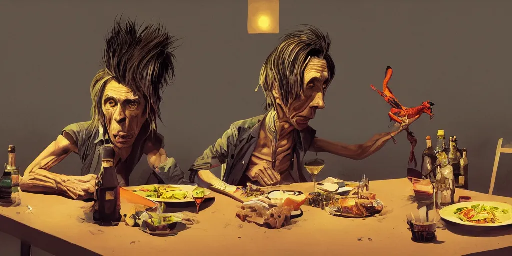 Image similar to cartoonish iggy pop having dinner with tom waits, vivid colors, character sheet, fine details, concept design, contrast, kim jung gi, greg rutkowski, trending on artstation, 8 k, full body, turnaround, front view, back view, ultra wide angle