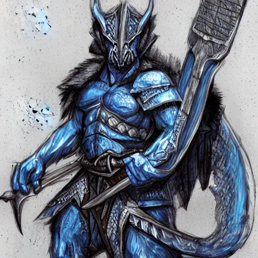 Prompt: fantasy concept art; portrait of a blue dragonborn wielding an axe; barbarian clothing; detailed sketch