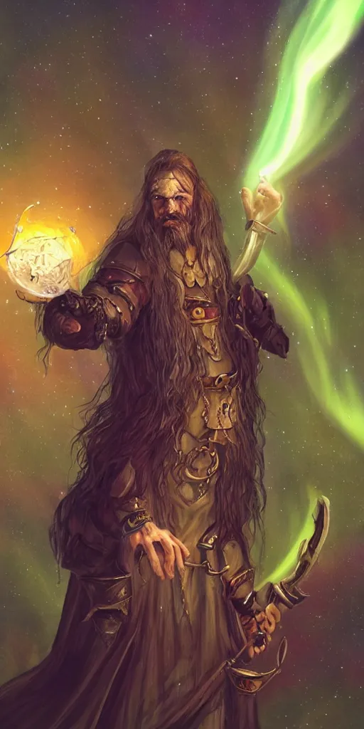 Image similar to dungeons and dragons, realistic,full body long hair goatee warlock with pet imp, magic aura, northern lights