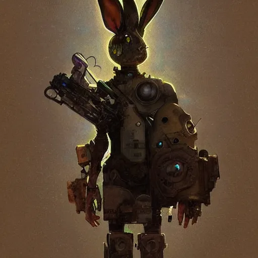 Image similar to grungy rabbit hare that is half robot illustration by greg rutkowski, thomas kindkade, alphonse mucha, cyborg bunny, norman rockwell. Trending on artstation.