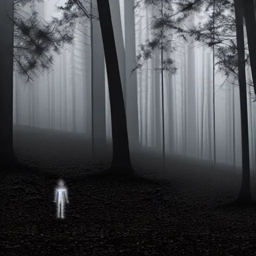 Image similar to hundreds of shadow people hidden in forest, staring with glowing white eyes, hyperrealistic, 8k, extremely detailed, black and white, foggy, grainy, very old