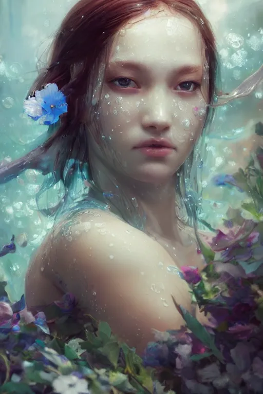 Image similar to face closeup a young beautiful girl drowned in water covered with ice crystals, 3 d render, hyper realistic detailed portrait, holding magic flowers, ruan jia, wlop. scifi, fantasy, hyper detailed, octane render, concept art, by peter mohrbacher, by wlop, by ruan jia