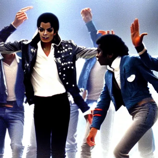 Prompt: Michael Jackson 1982 thriller but blue shirt music video