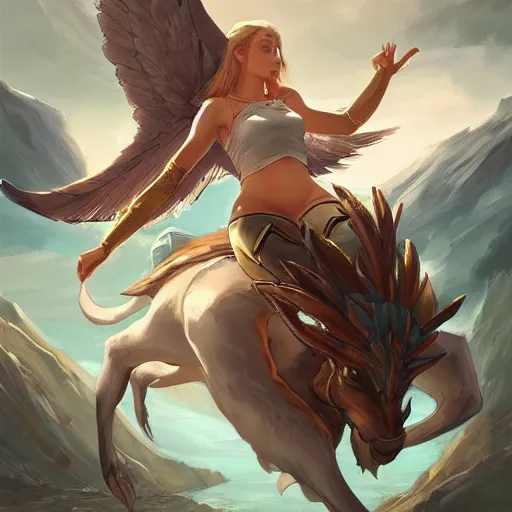 Image similar to Art station concept of a beautiful girl riding a gryphon, symmetrical face, smooth body features, by Stanley Artgerm Lau, WLOP, Rossdraws, James Jean, Andrei Riabovitchev, Marc Simonetti, and Sakimichan, trending on artstation