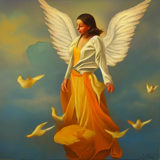 Image similar to angel of ducks, by jean deville, oil on canvas