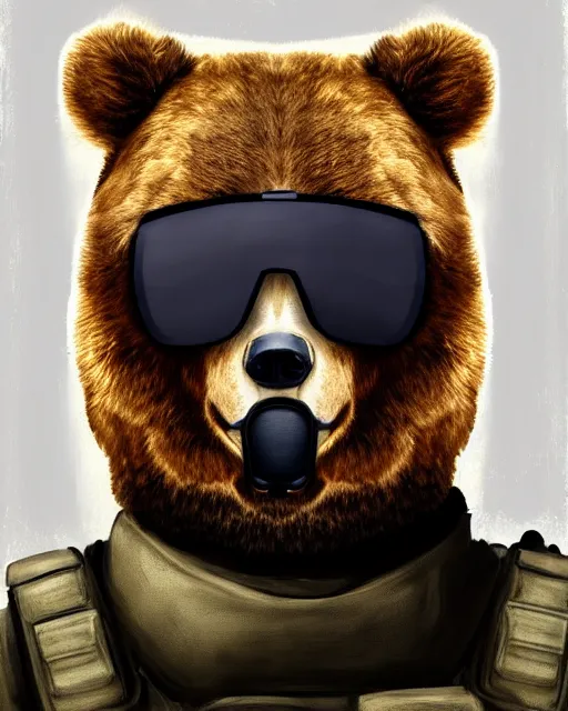 Prompt: portrait cute bear as csgo character, hyperrealism, specops, dramatic light, digital painting, concept art, brutal, armory, sad mood, classic sunglasses, scar, balaklava