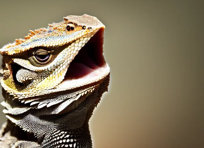 Image similar to dslr portrait still of a bearded dragon!!! with a large white beard!!!, 8 k 8 5 mm f 1. 4