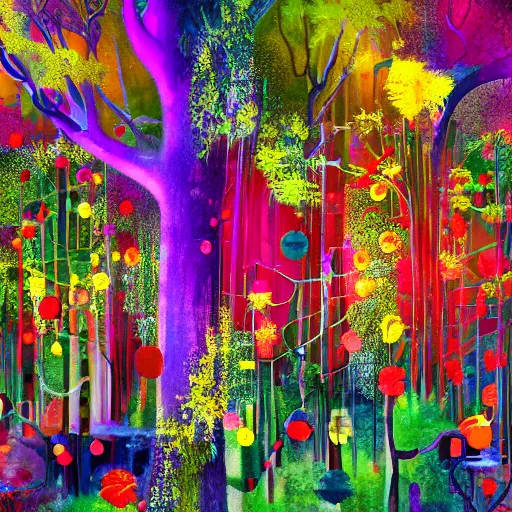 Prompt: lush enchanted forest interlocking with machines by salome totladze, bursts of color, beautiful
