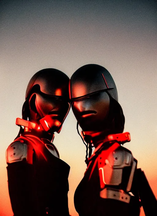 Prompt: cinestill 5 0 d photographic portrait of two loving female androids wearing rugged black techwear on a desolate plain with a red sky, extreme closeup, cyberpunk style, leather garters, dust storm, 8 k, hd, high resolution, 3 5 mm, f / 3 2, ultra realistic faces, ex machina