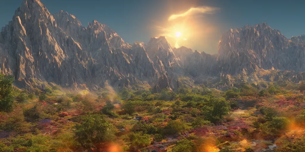 Image similar to a beautiful landscape, sun rises between two mountains, colourful 3 d artwork by phillipp urlich, unreal engine 5, extremely detailed, hyper realism