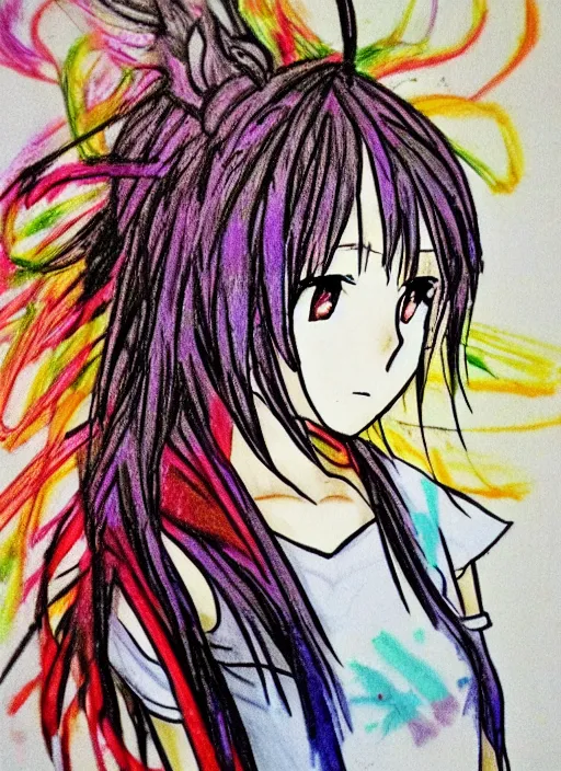 Image similar to poorly drawn anime girl, crayon art, very silly looking