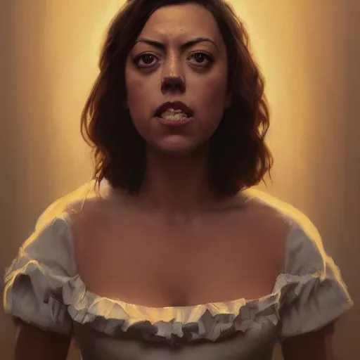Image similar to detailed painting of aubrey plaza wearing a maid outfit, really large bust, intricate features, 8 k, by greg rutkowski, artgerm, global illumination