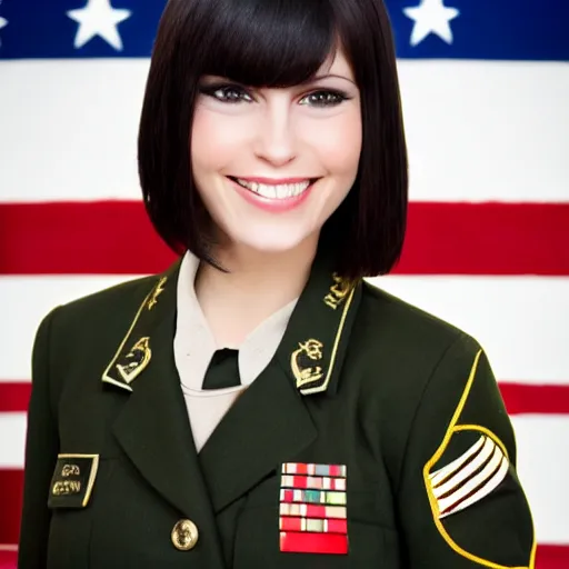 Image similar to brunette woman, short hair, flipped out hair, black military uniform, smirk, propaganda