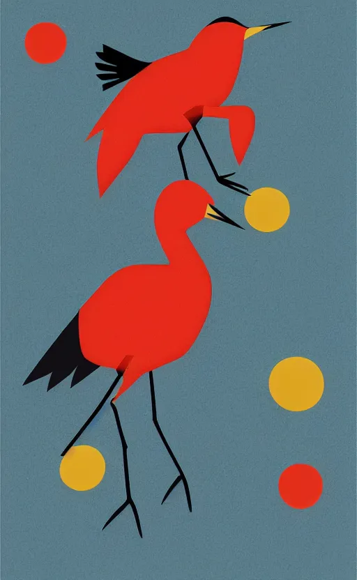 Image similar to poker card style, simple, modern look, colorful, japanese crane bird symbol in center, pines symbols, trading card front, turchese and yellow and red and black, vivid contrasts, for junior, smart design, backed on kickstarter