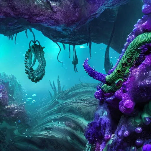 Image similar to a very beautiful lovecraftian world underwater with ultra realist waves underwater, curiosities dark fantasy carnival, symmetry accurate features, focus, very intricate ultrafine details, green purple aqua volumetric lights, award winning masterpiece, octane render 8 k hd