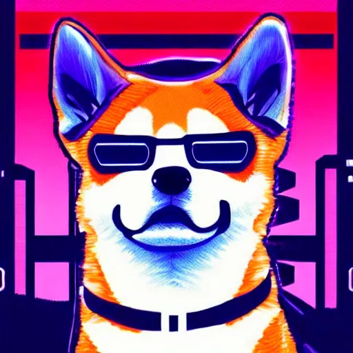 Image similar to Shiba inu, cyberpunk glitchcore synthwave art, trending on ArtStation