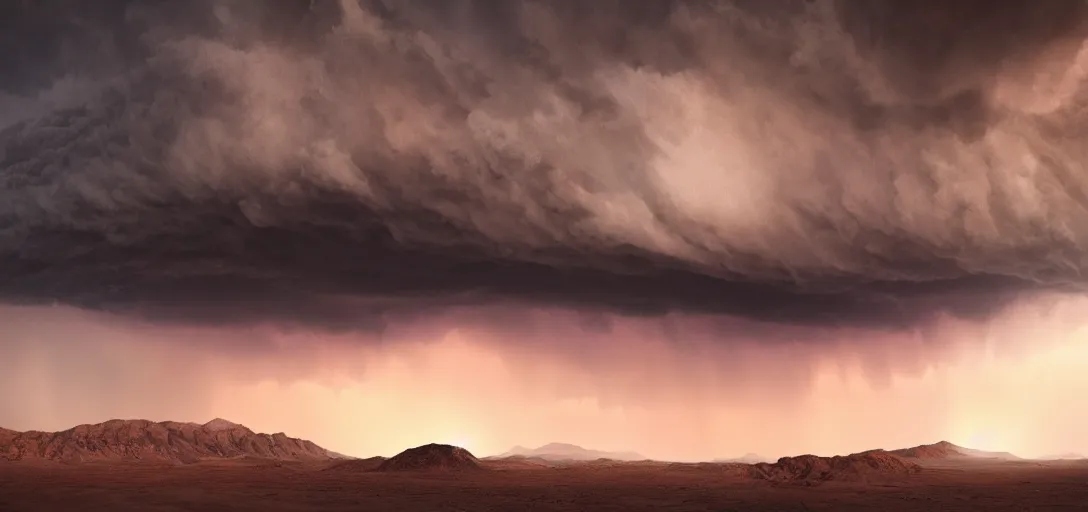 Prompt: a beautiful picture of a dark distant thundercloud in a desert, shelf cloud, intricate detail, impending doom, sunset, serene, volumetric lighting, volumetric clouds, 8 k, hyperrealistic, digital art trending on artstation