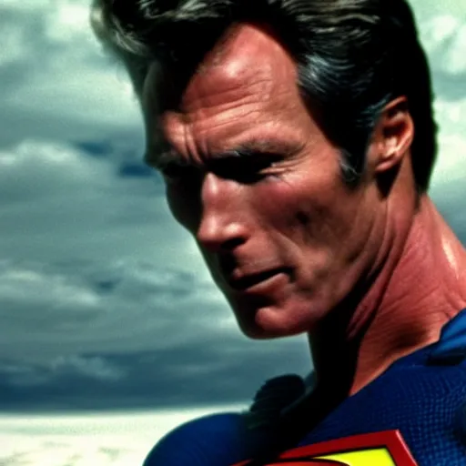 Prompt: A medium shot of Clint Eastwood as Superman, shallow depth of field