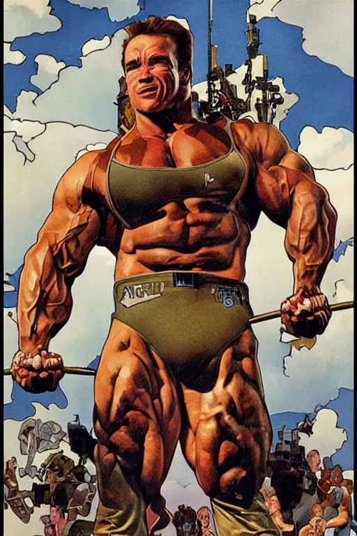 Image similar to arnold schwarzenegger power lifting a truck over his head, by artgerm and moebius and alphonse mucha, hyperdetailed, dc comics, explosions in the sky, trending on deviantart